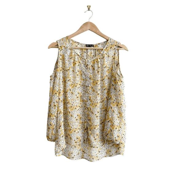 Plum Womens Blouse Cold Shoulder Long Sleeve Floral Sheer Yellow Medium - Picture 2 of 8